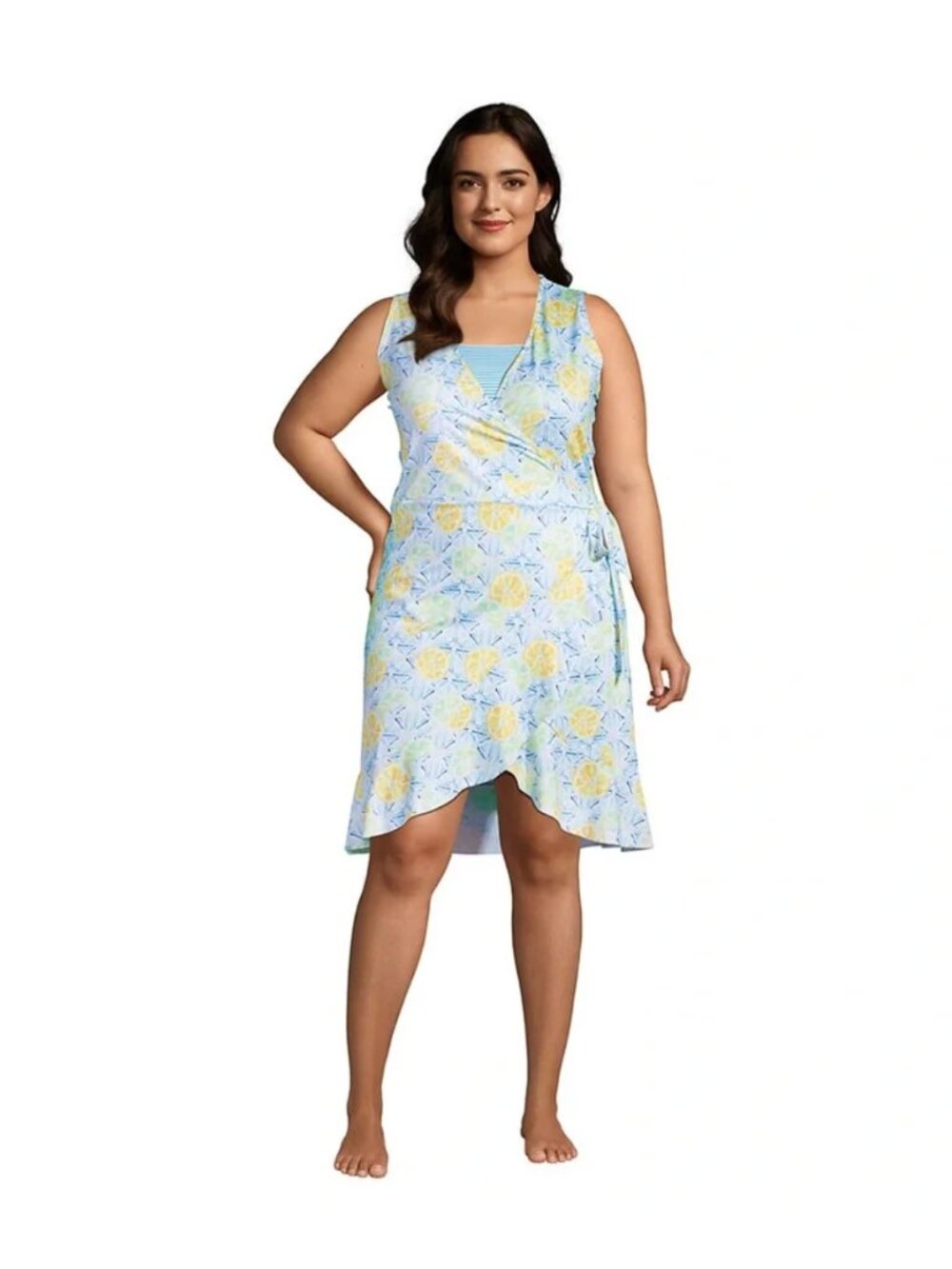 NWOT Lands’ end blue lemon performance material sleeveless summer wrap dress 2x